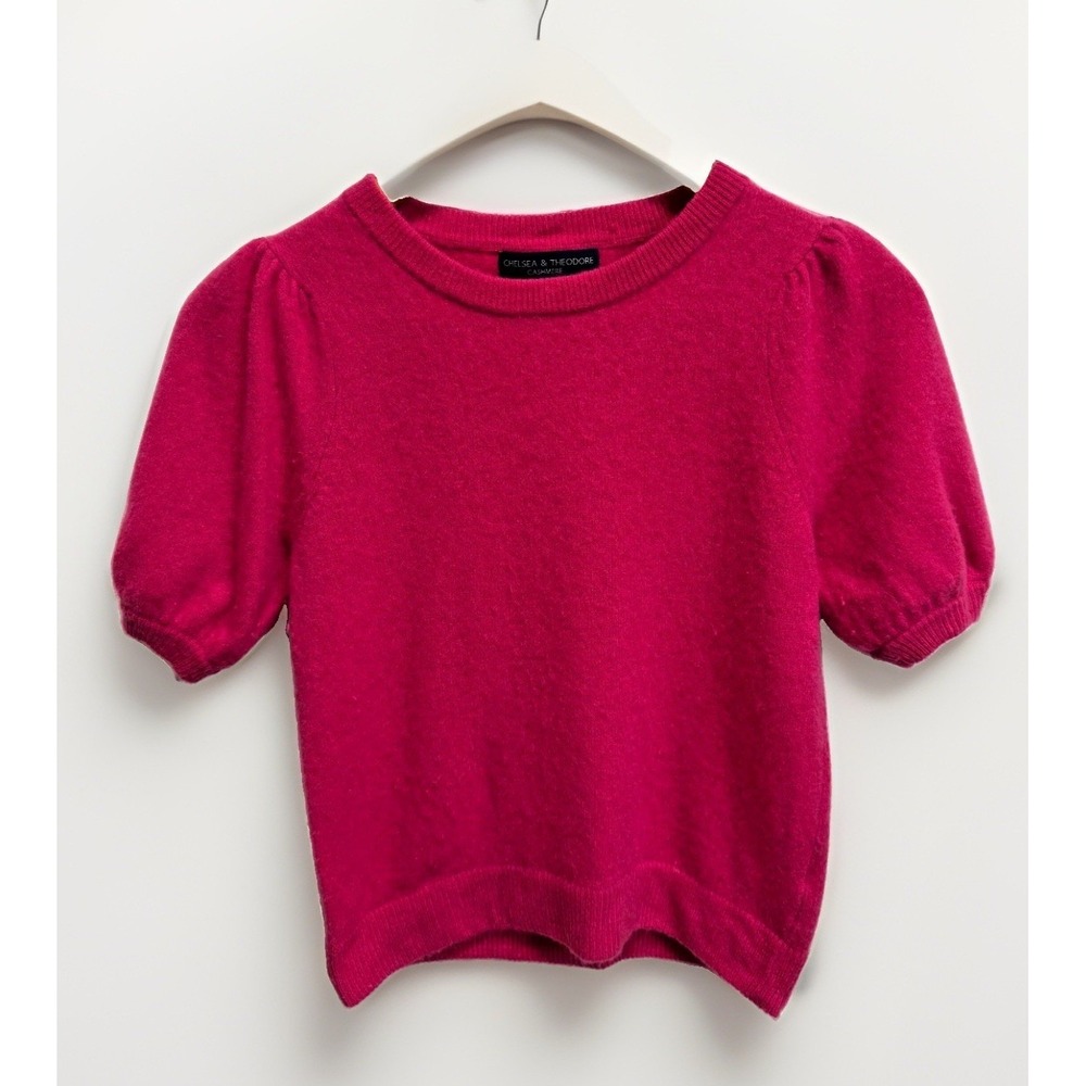100% Cashmere Pink Sweater Chelsea Theodore Puff Sleeve Women's Small Bright Fun